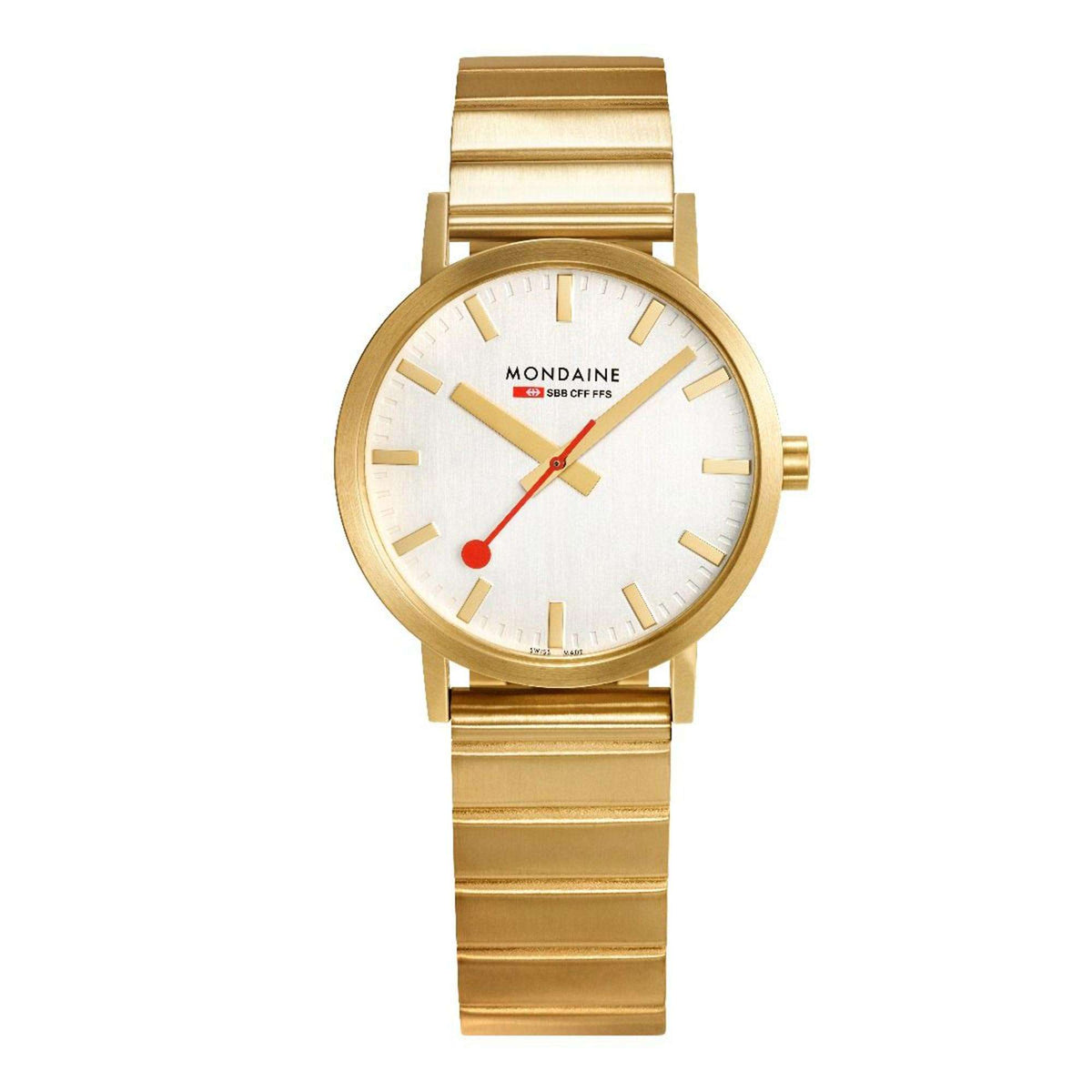 Mondaine ladies gold-tone watch with white dial and red second hand, top-front view