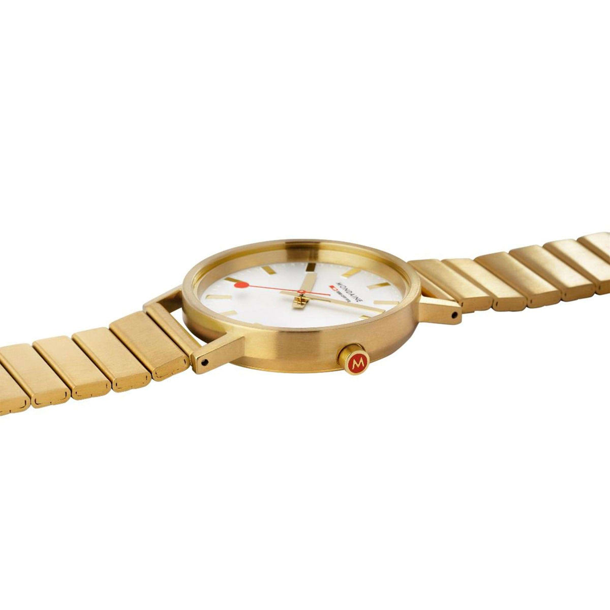 Mondaine gold-tone watch with white dial and link bracelet, laid sideways view
