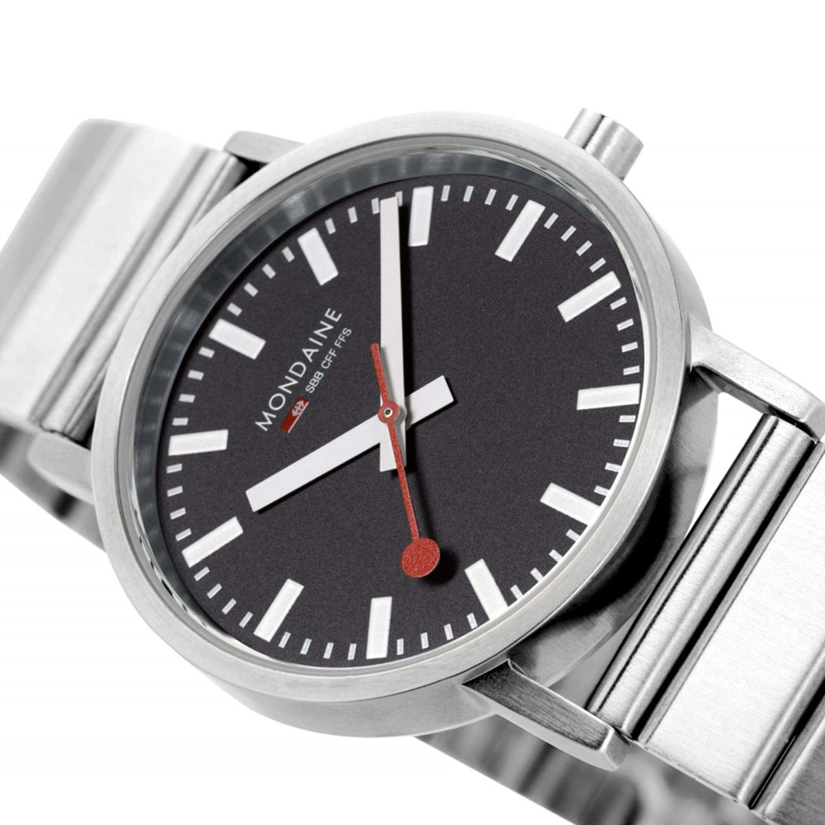 Close-up of stainless steel watch with black dial, baton markers, orange second hand