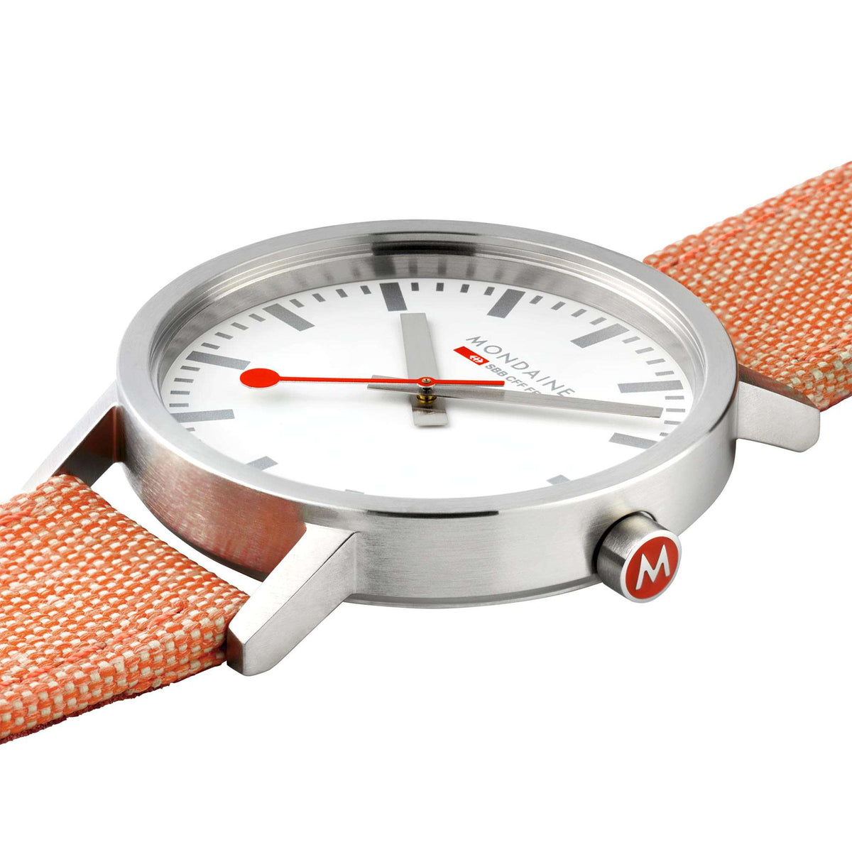 Silver wristwatch with white dial, orange strap, crown and red details, close-up