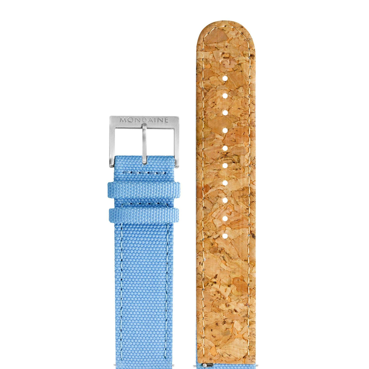 Quartz watch with blue textile strap and tan cork-like strap end detail