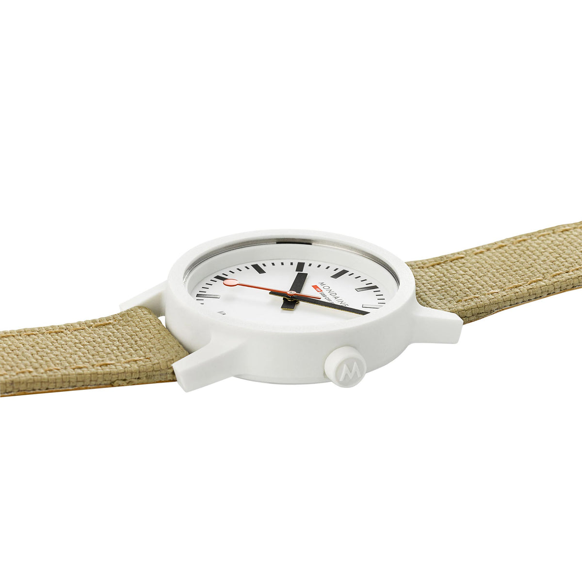 Ladies quartz wristwatch on beige textile strap, white dial with red-accent hands