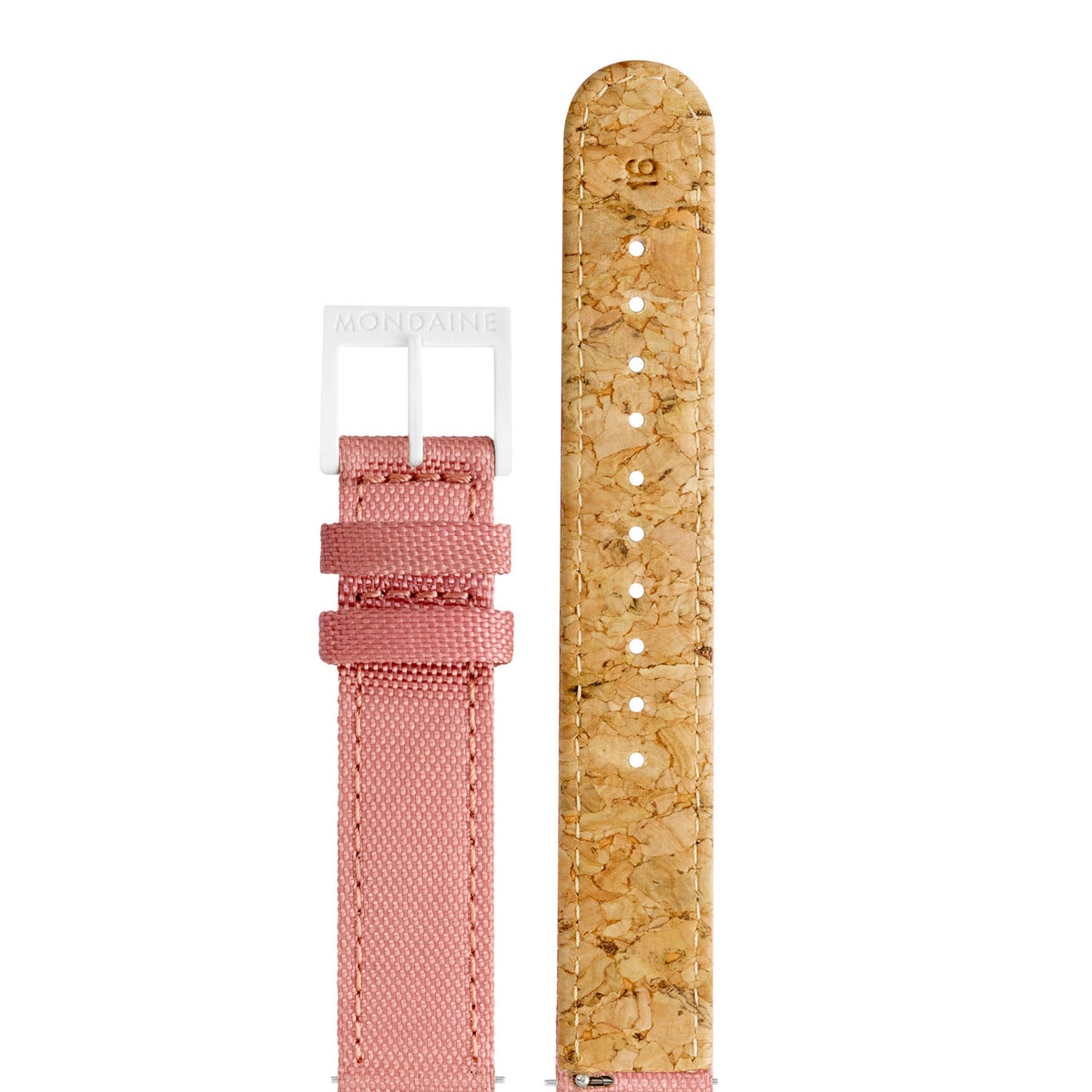 Ladies watch strap close-up: red band with tan underside and visible stitching