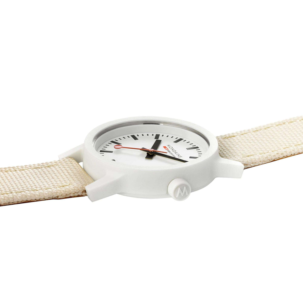 Mondaine Essence quartz watch with white case, white dial, and cream woven textile strap