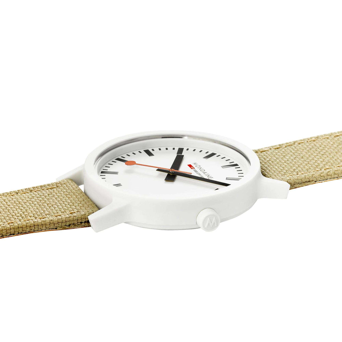 Mondaine Essence quartz watch profile with white dial and tan fabric strap