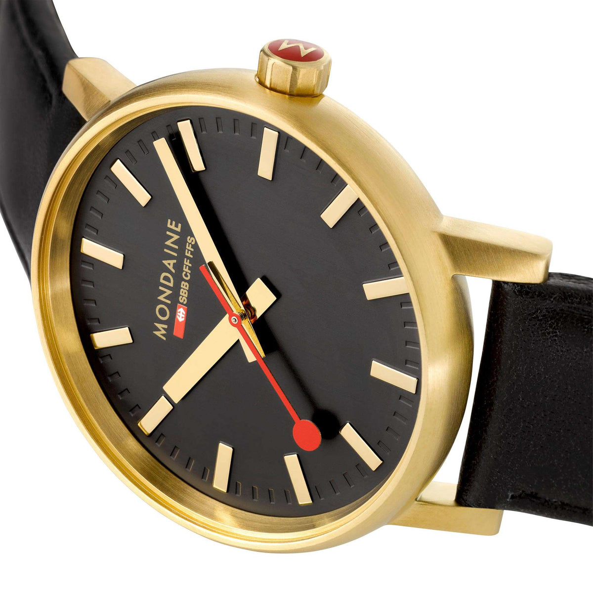 Gold-tone quartz watch with black dial, baton markers, red seconds hand, black leather strap