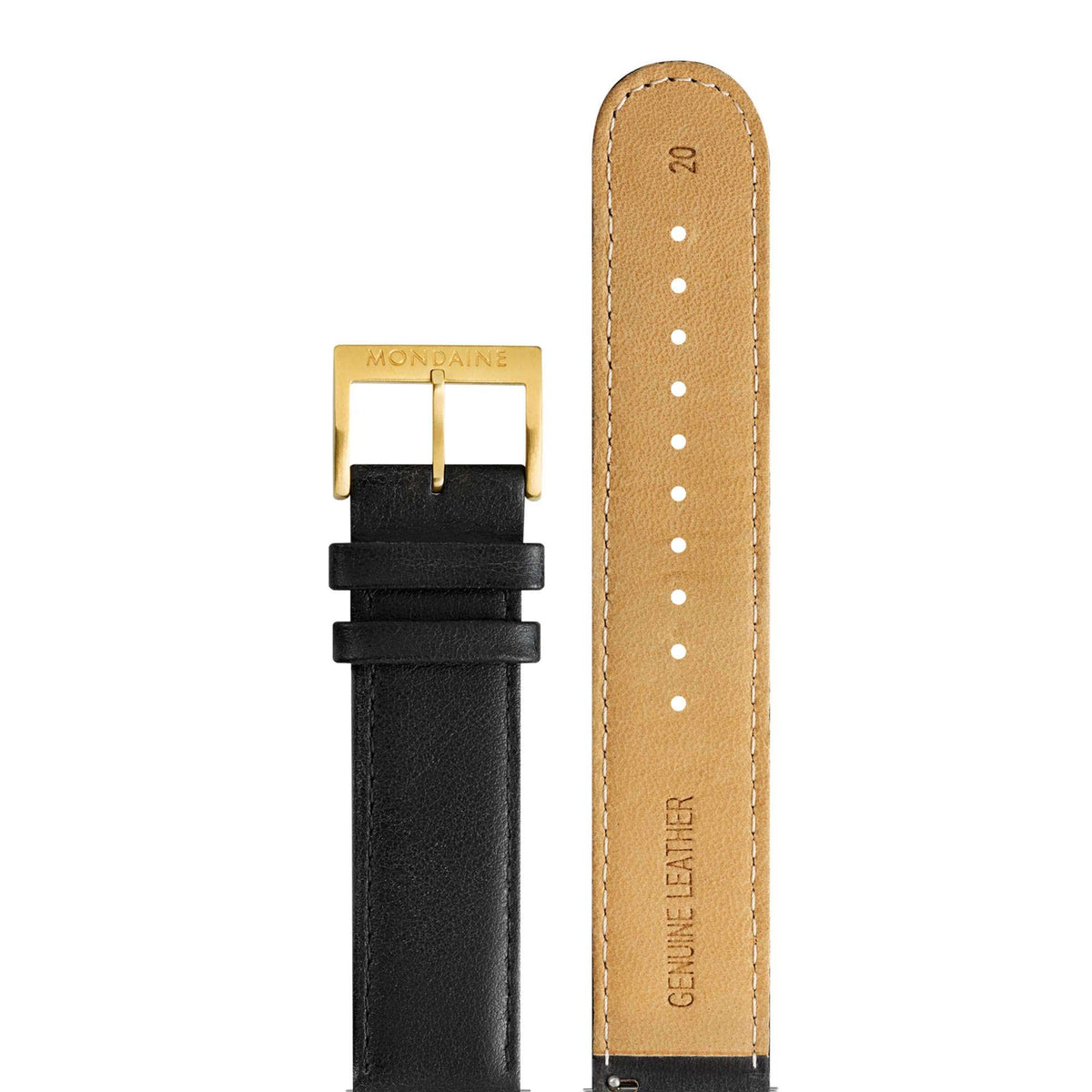 Black leather watch strap with tan underside, stitching, and rows of adjustment holes