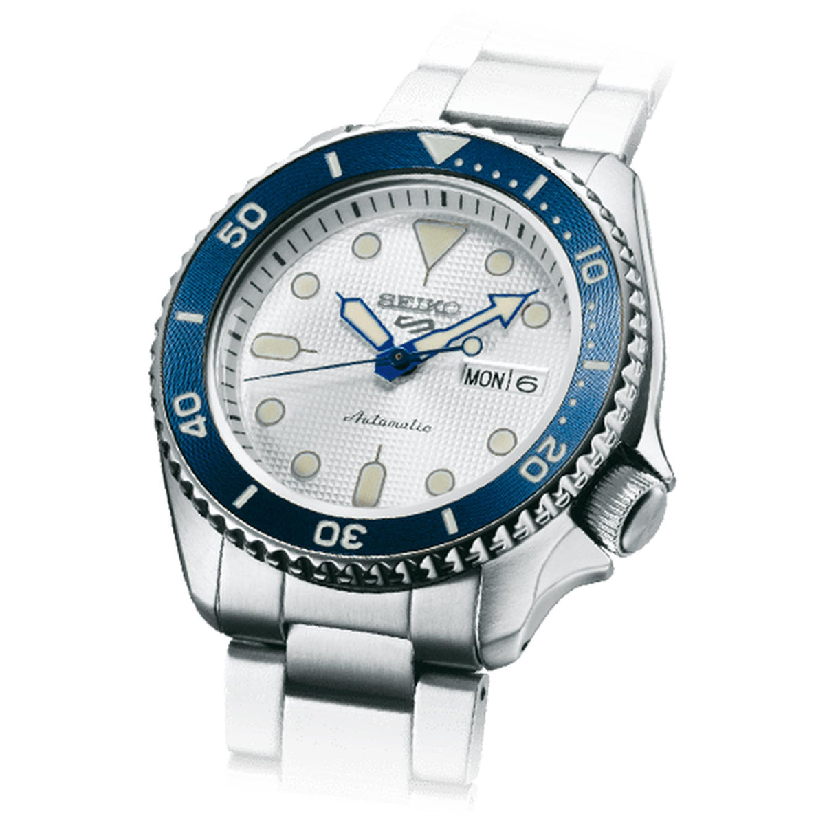 Seiko 5 Sports SRPG47K1 three-quarter view highlighting blue skeleton hands and crown guards