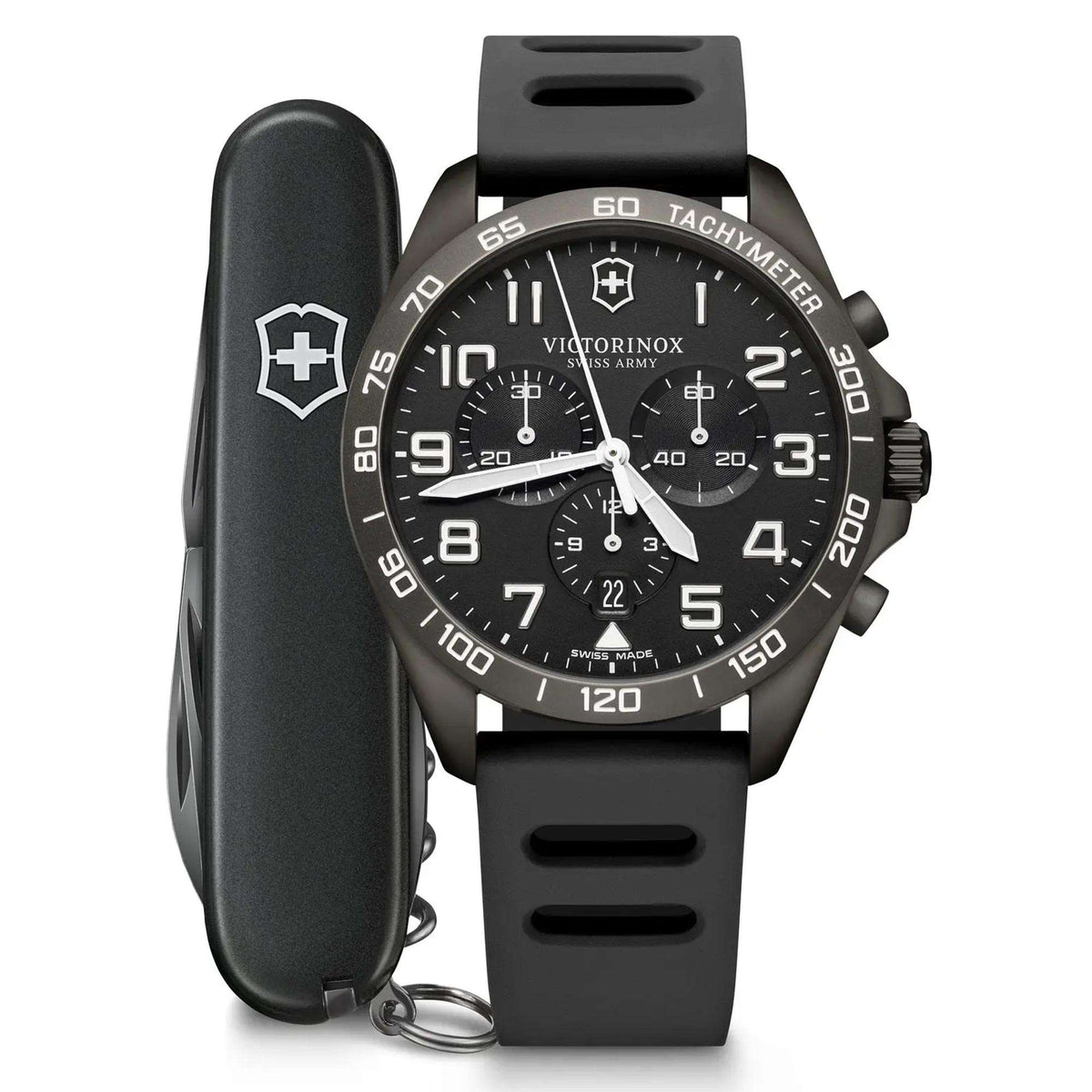 Men's black chronograph watch with rubber strap; black dial, subdials, date window, keeper loop