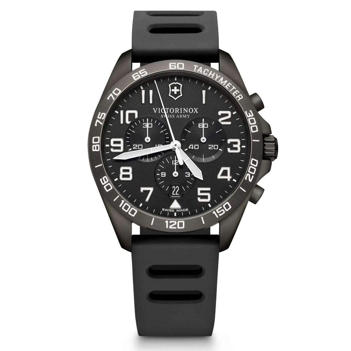 Men's black chronograph watch with rubber strap; black dial, subdials, date window