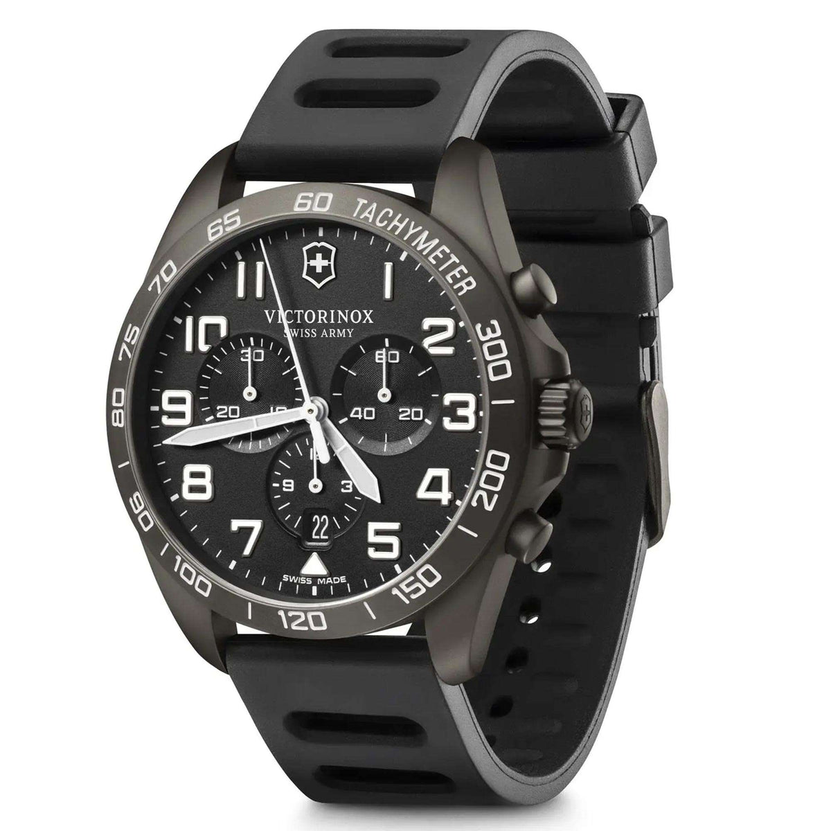 Men's black chronograph watch with rubber strap; angled view of tachymeter bezel and subdials