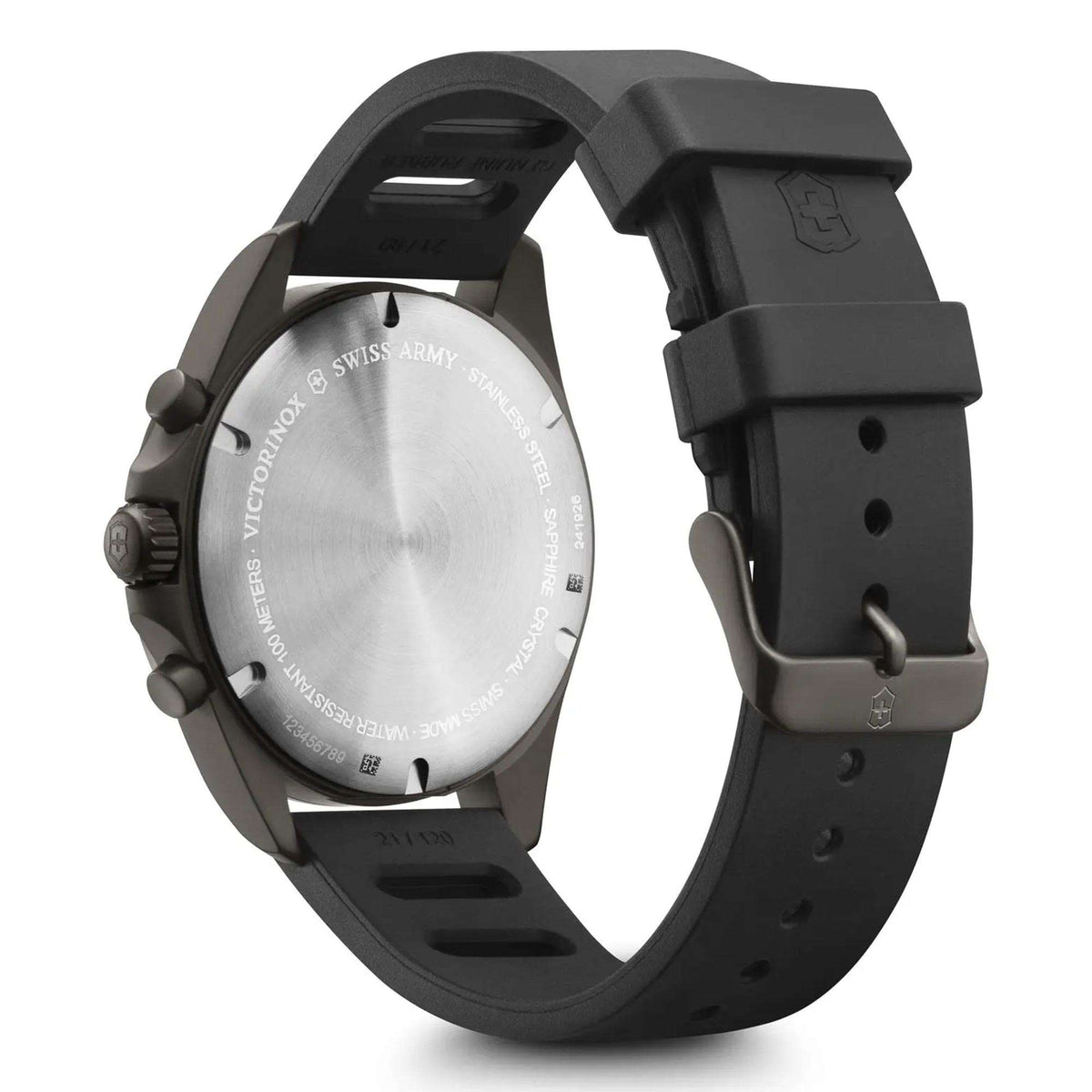 Men's black chronograph watch back with rubber strap; stainless steel caseback visible