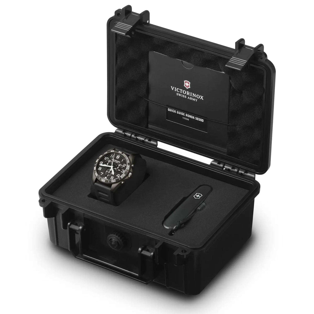 Men's black chronograph watch in open hard case with black accessories and molded compartments