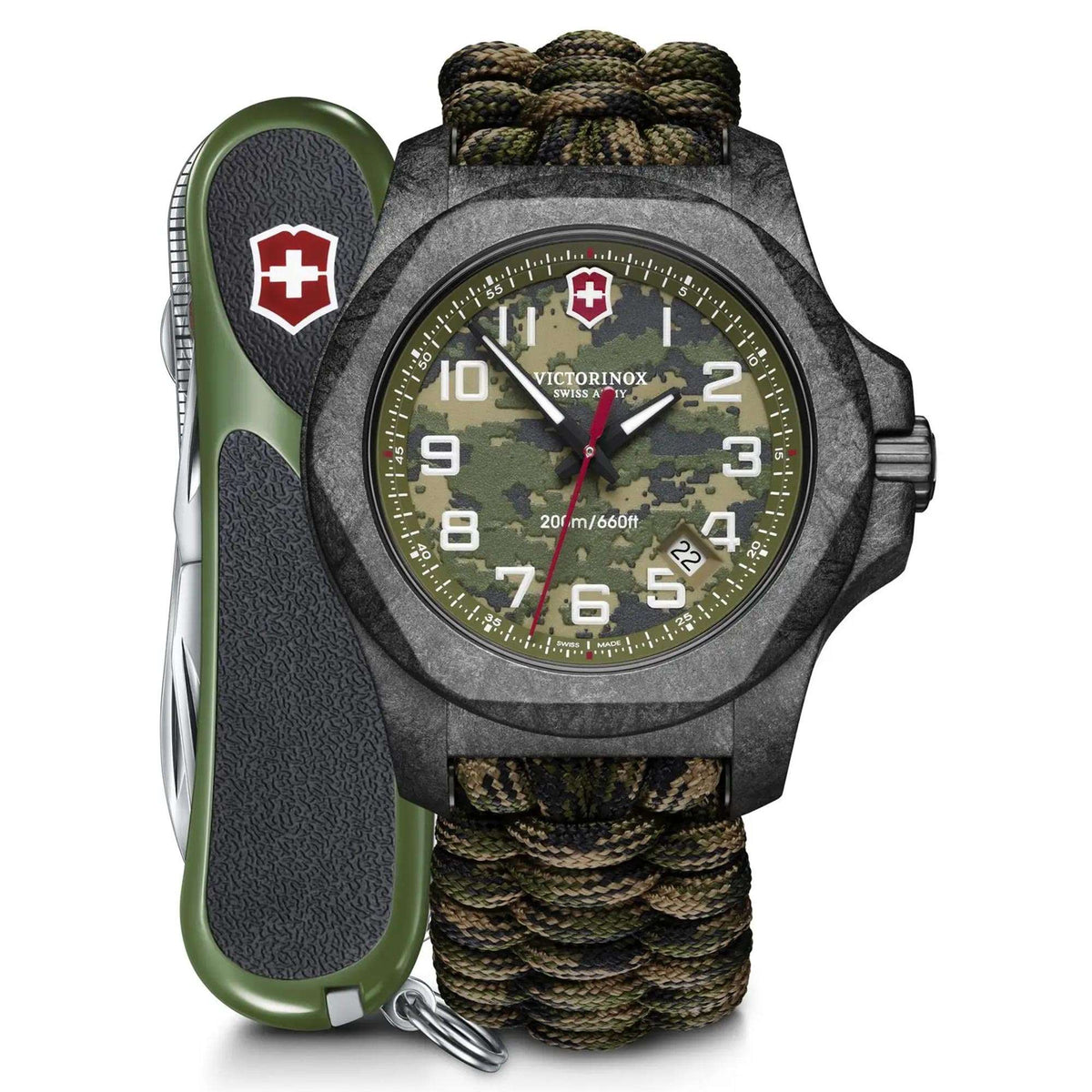 Mens tactical quartz watch with dark round case, green camo dial, paracord strap