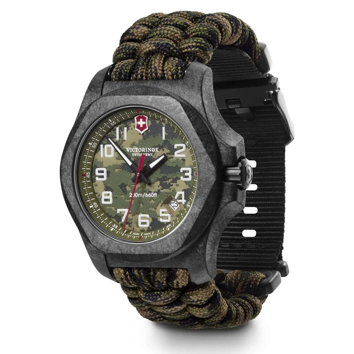 Mens quartz watch with carbon-finish case, green camo dial, and braided paracord