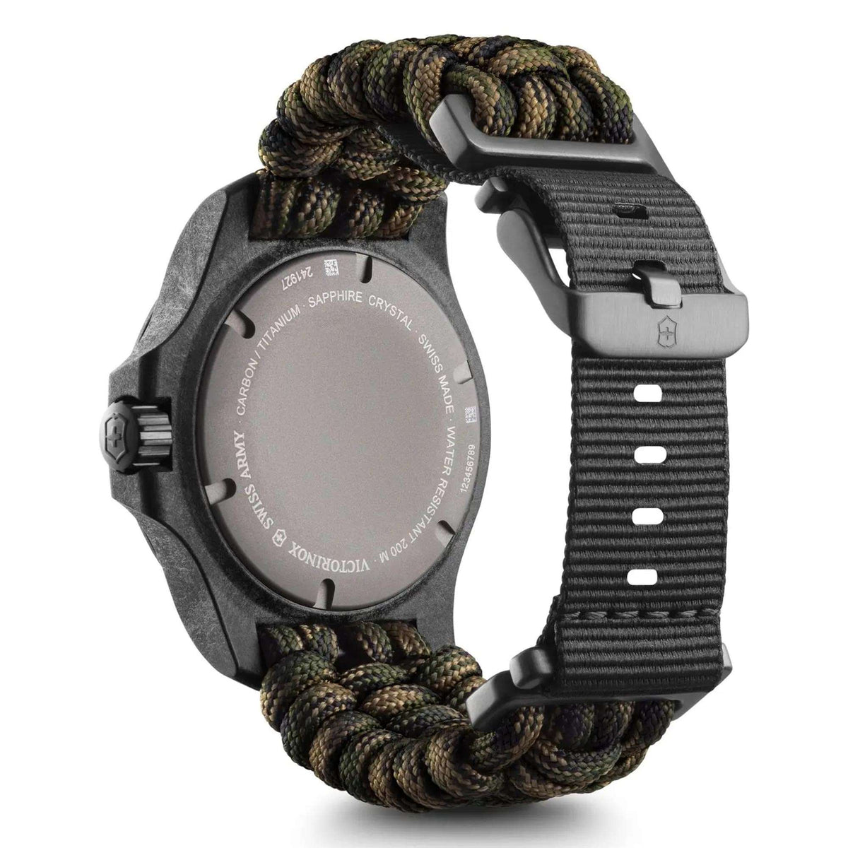 Back of mens quartz watch with rugged case and braided camo paracord strap