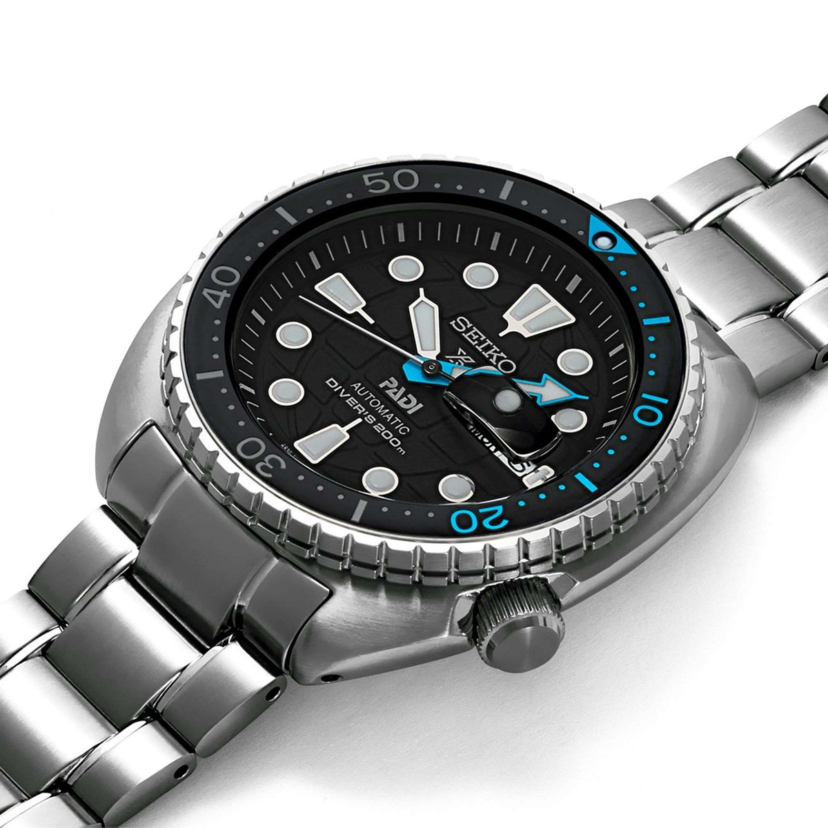 Men's stainless steel diver watch with black dial, blue accents, and date window
