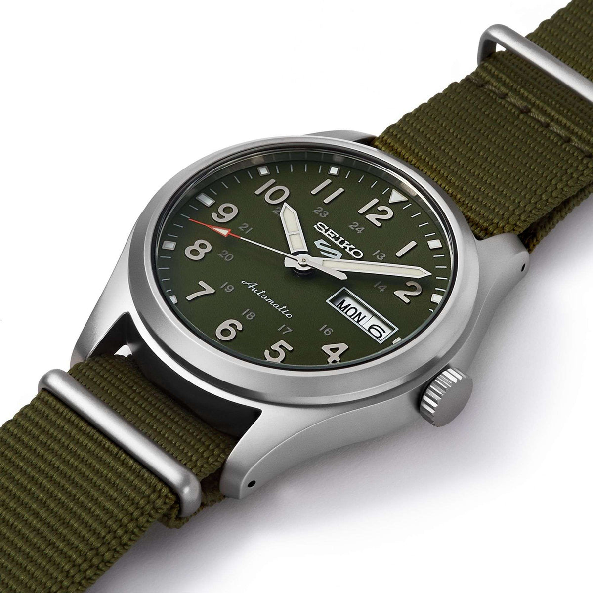 Seiko 5 Sports field military watch with green dial and green NATO fabric strap