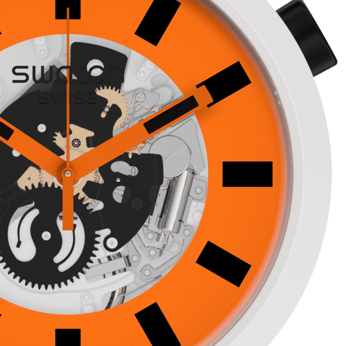 Close-up of orange skeleton dial with black hour markers and gear details