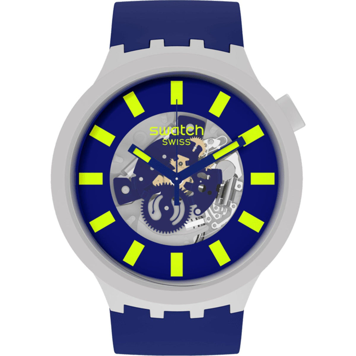 Limy quartz wristwatch with blue dial, neon yellow markers, and blue silicone strap