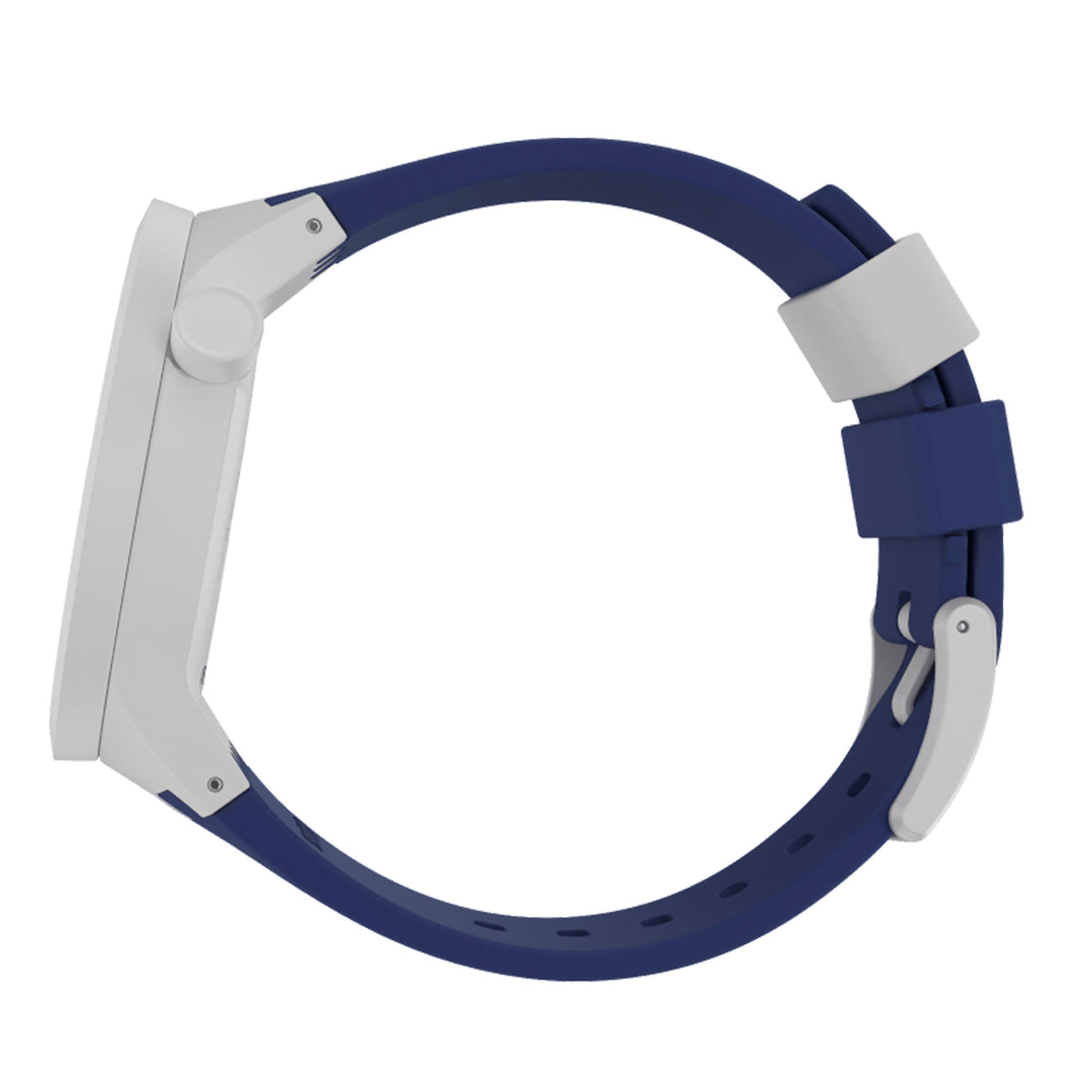 Limy quartz wristwatch with blue silicone strap and gray case, side profile