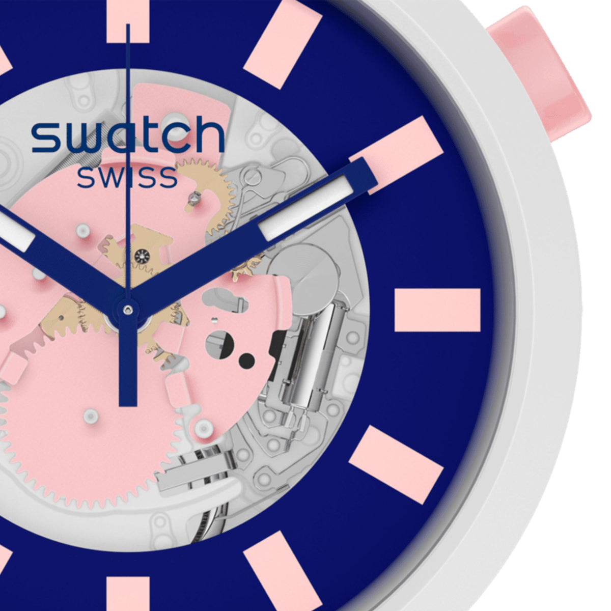 Blue watch dial close-up with pink markers and skeleton hands