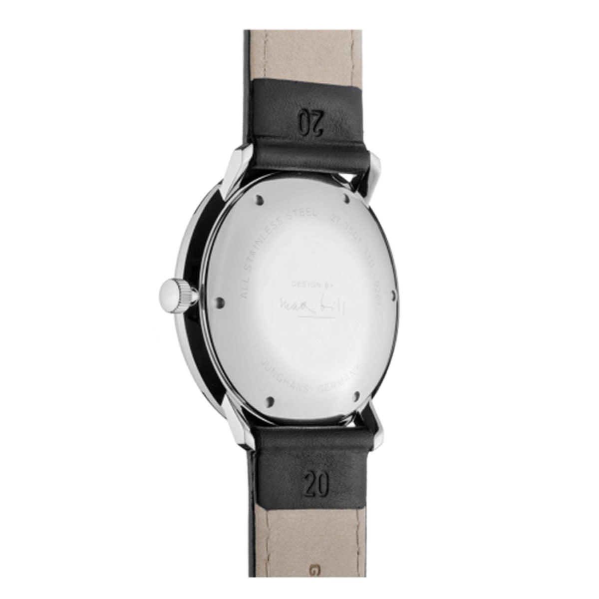 Watch caseback with black leather strap; round silver back and side pushers/crown