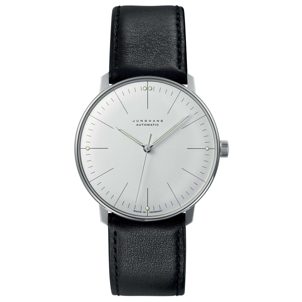 Automatic men’s watch with silver dial, black leather strap, and silver-tone round case