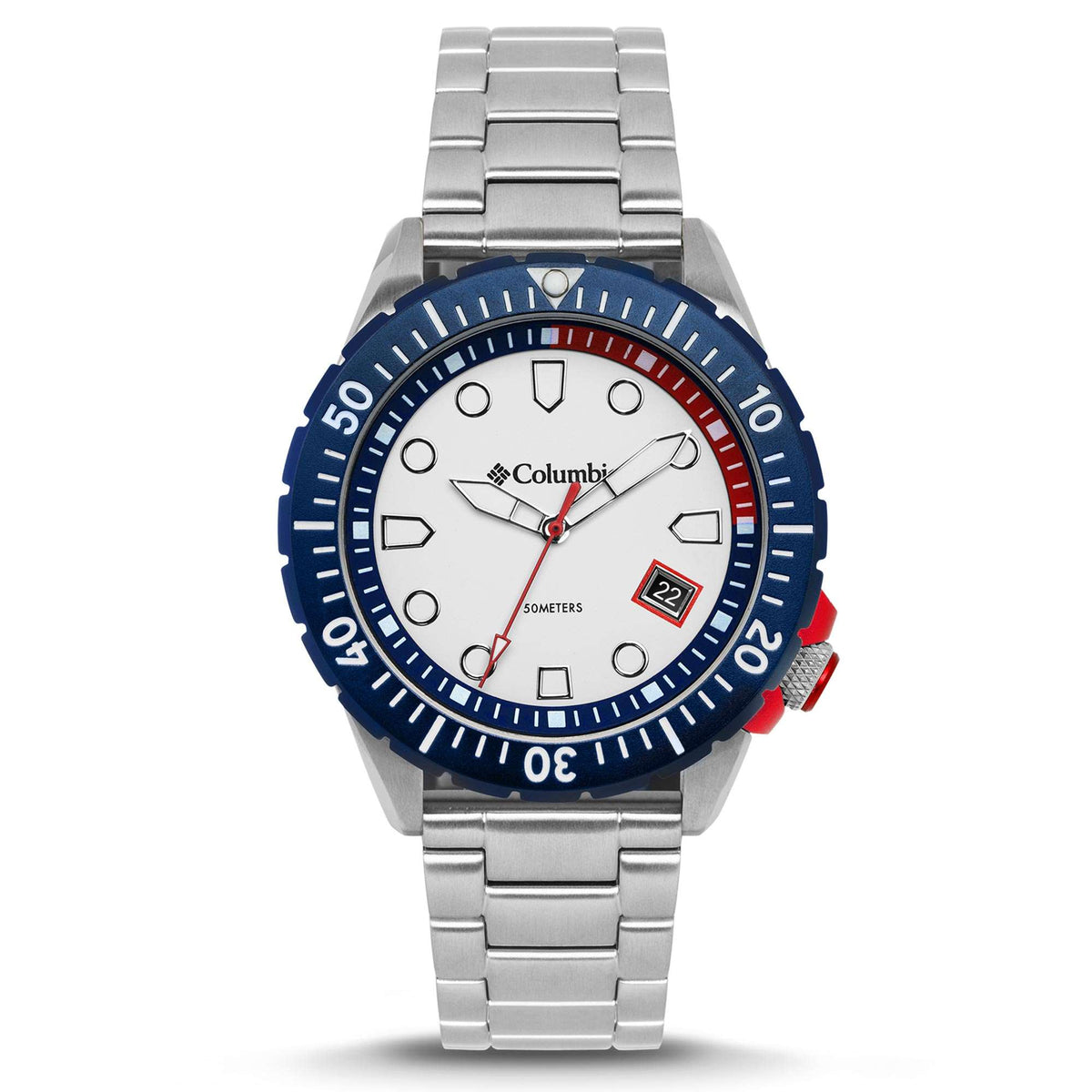 Men's stainless steel diving watch with blue bezel, white dial, and bracelet strap