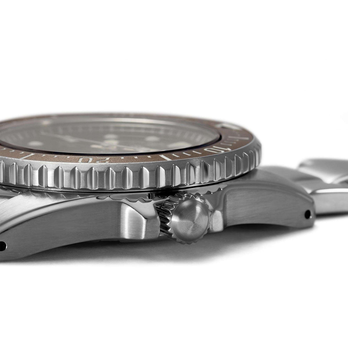 Stainless steel Seiko watch case with ridged bezel edge and side crown