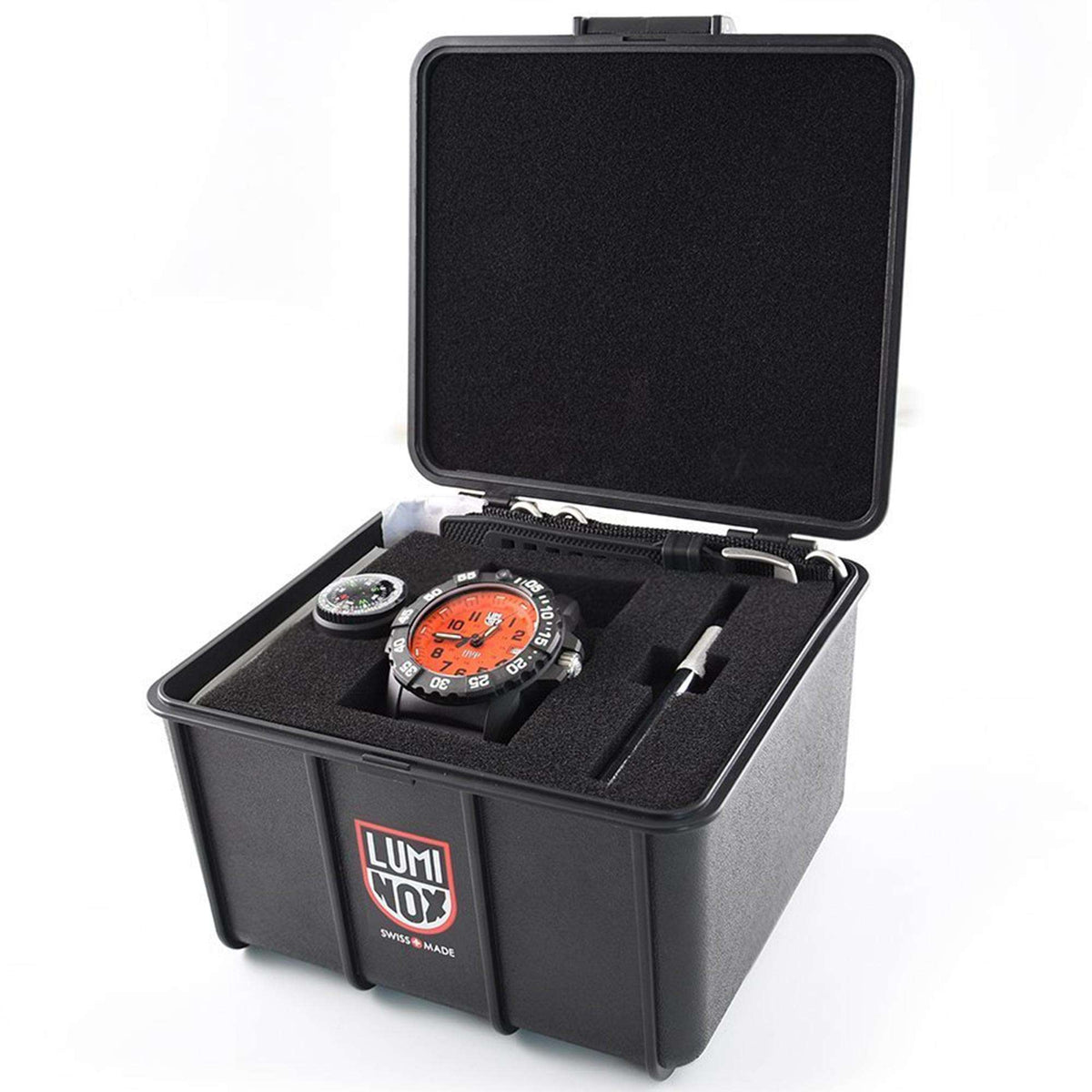 Men's quartz watch with orange dial in black hard case with strap adjustment tools