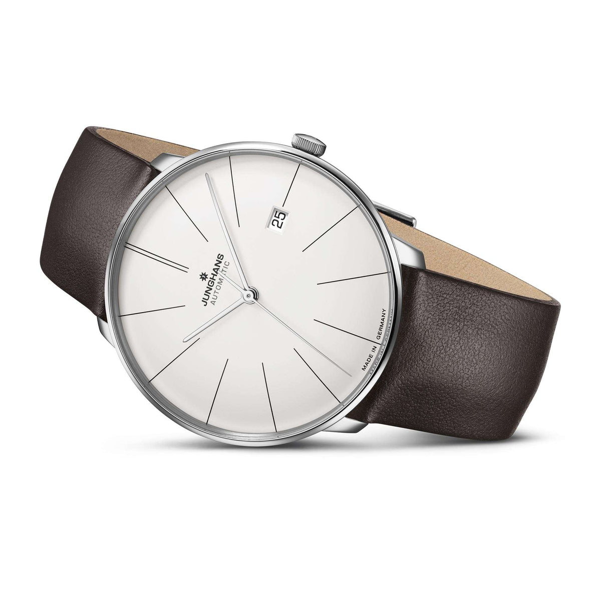 Men's automatic watch with white dial and dark brown leather strap, side crown, silver case