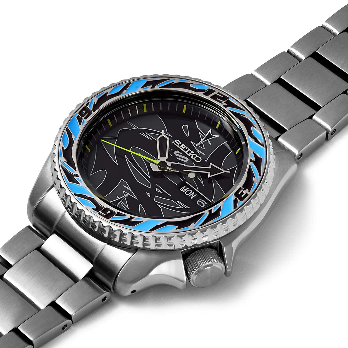 Men's stainless steel watch with blue-trim bezel, black dial, and metal link bracelet