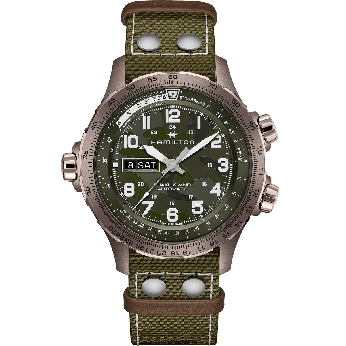 Hamilton Khaki Aviation 45mm green dial NATO day date automatic watch H77775960 front view