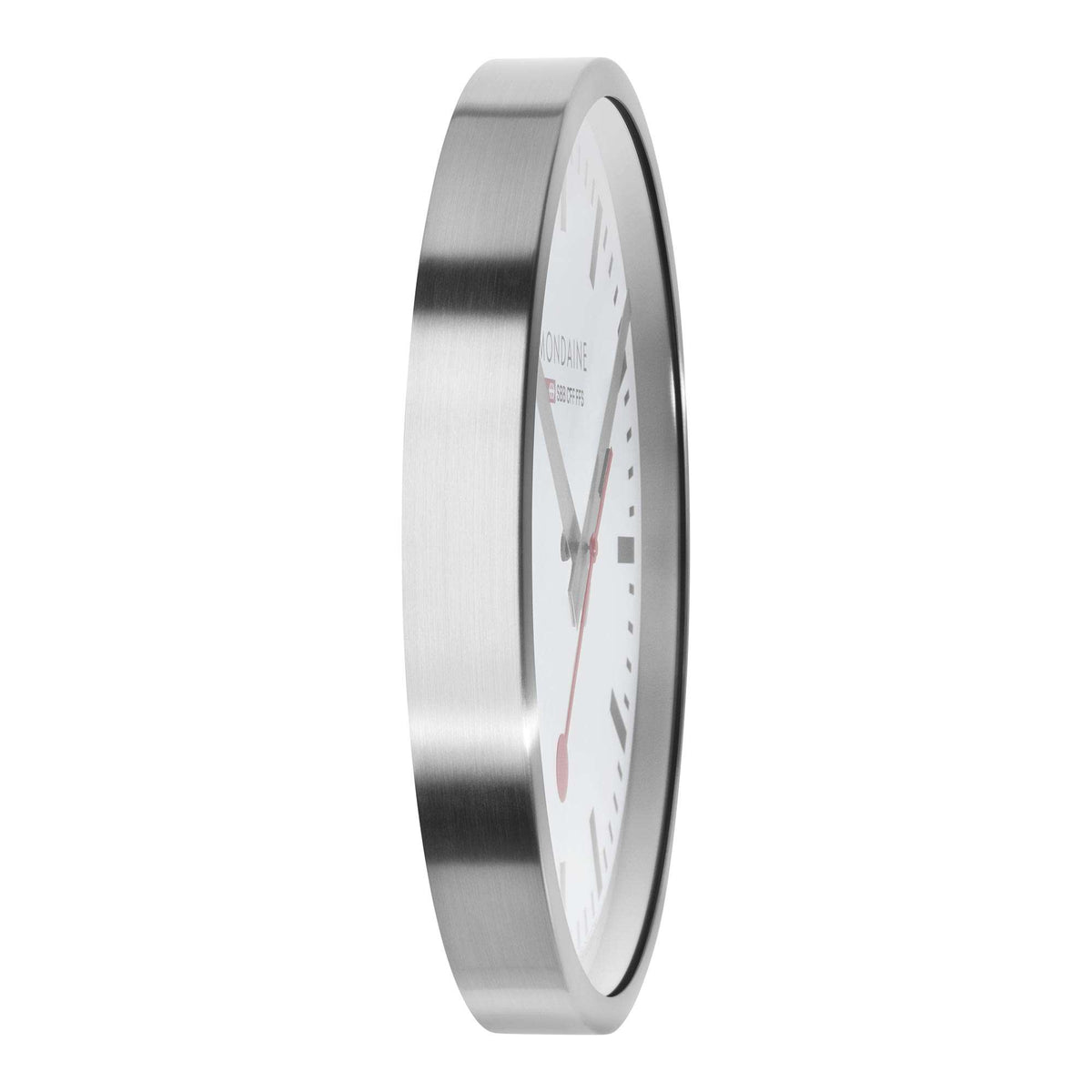 Silver wall clock with white face, slim circular frame profile and red second hand