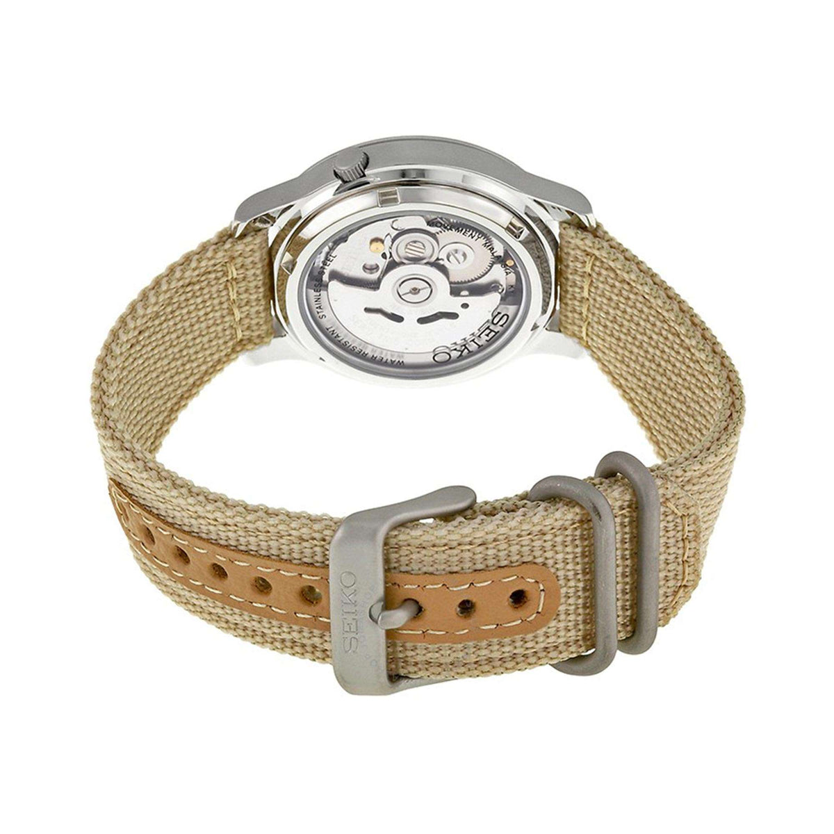 Men's watch caseback view with beige canvas strap and tan leather buckle