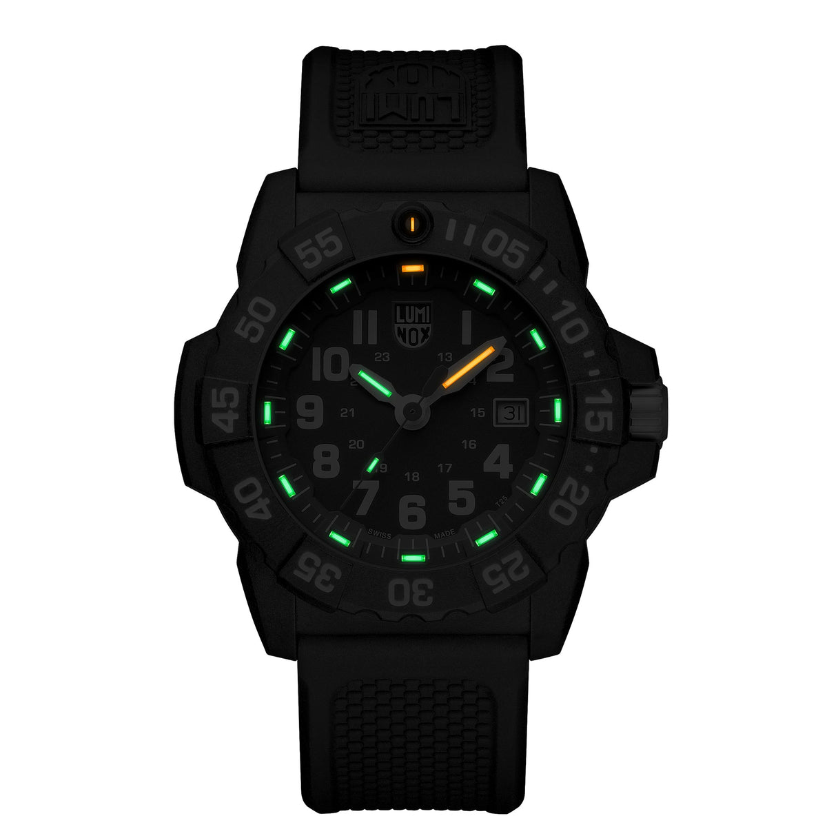 Men's black silicone strap dive watch with dark dial and green luminous accents