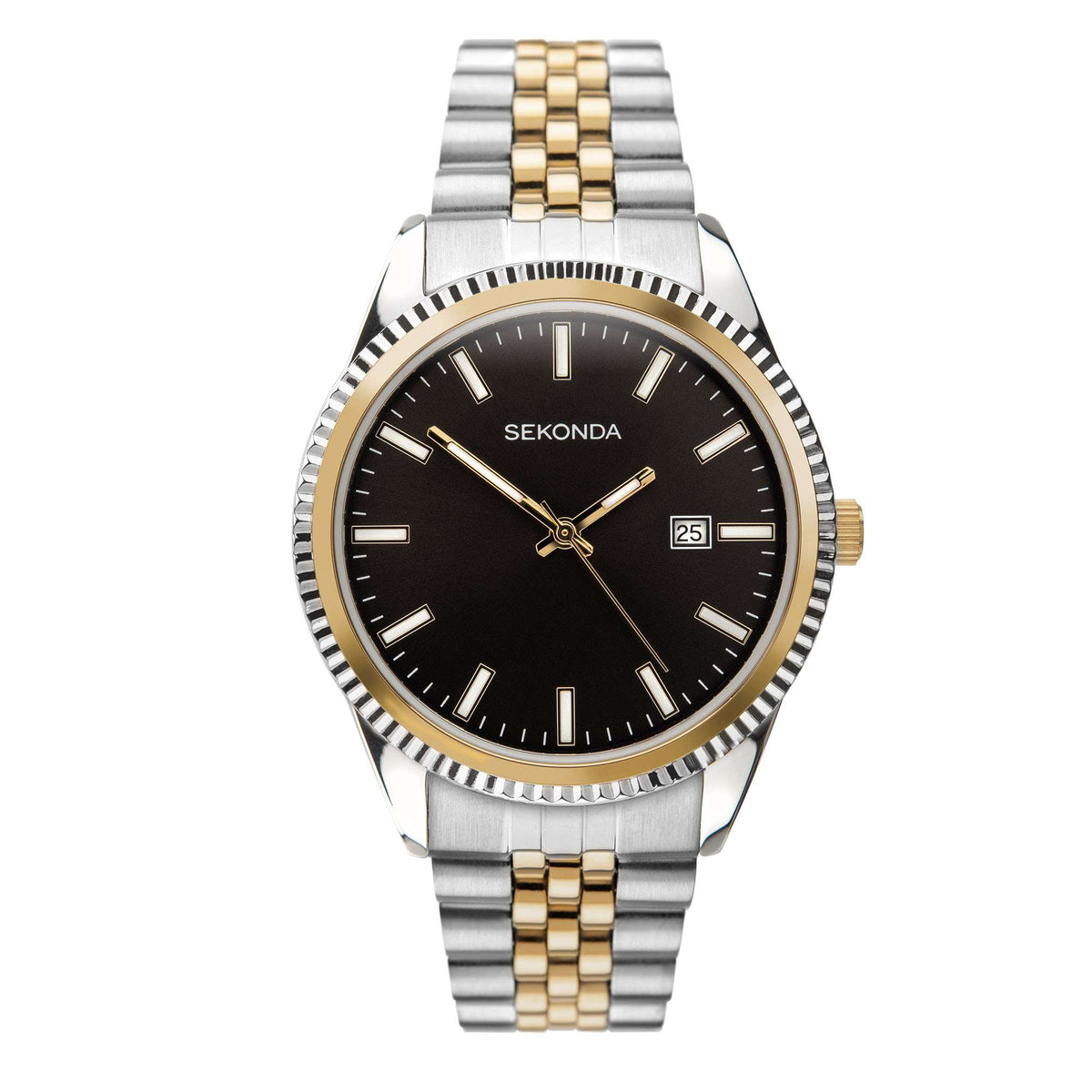 Sekonda two-tone wristwatch: black face, gold markers, slim bezel, metal band