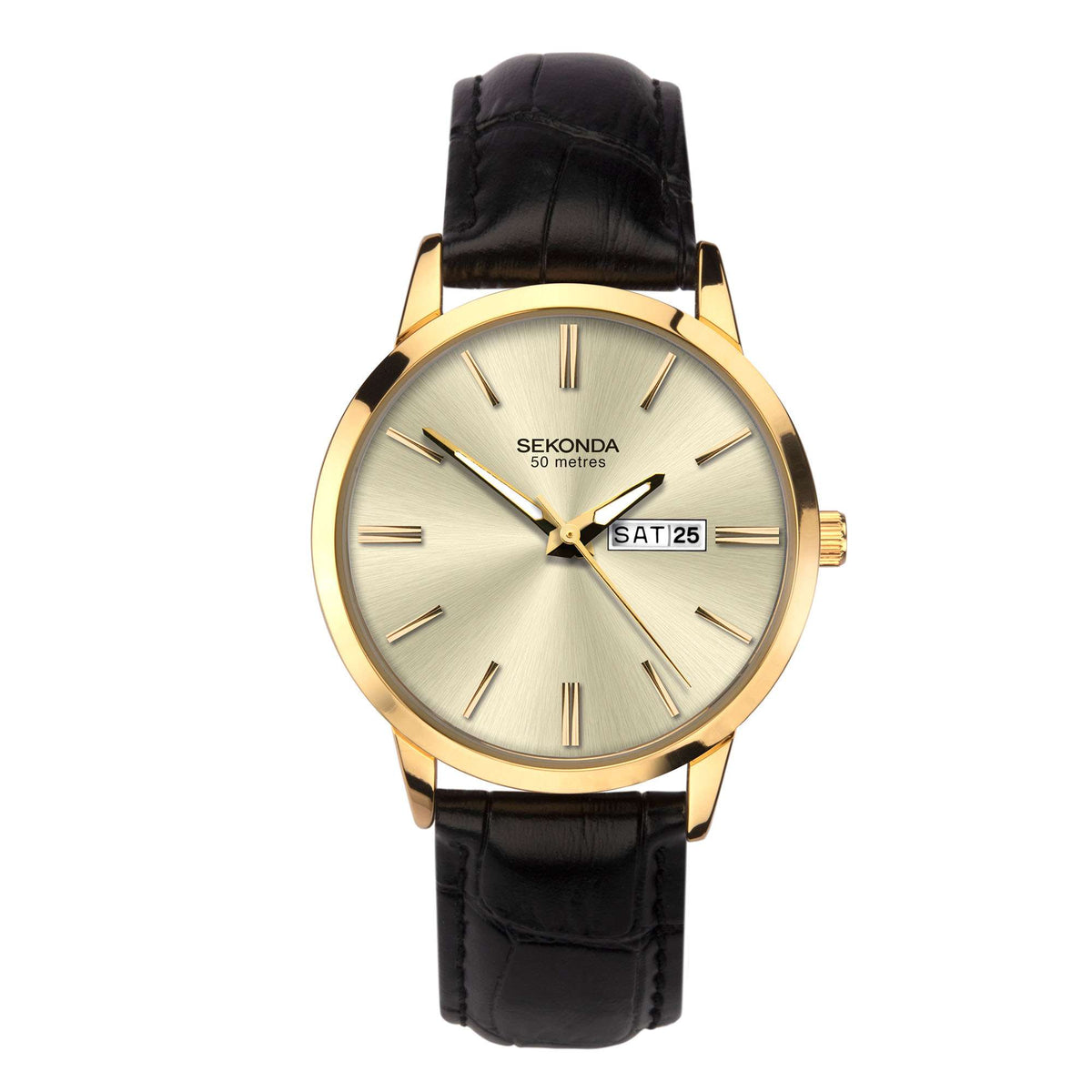 Gold-tone analog wristwatch with black leather strap, champagne dial, date window