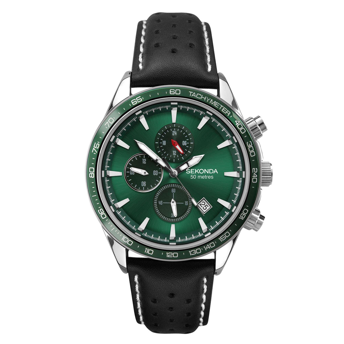Sekonda men’s quartz watch with green dial, tachymeter bezel, three subdials, black leather strap