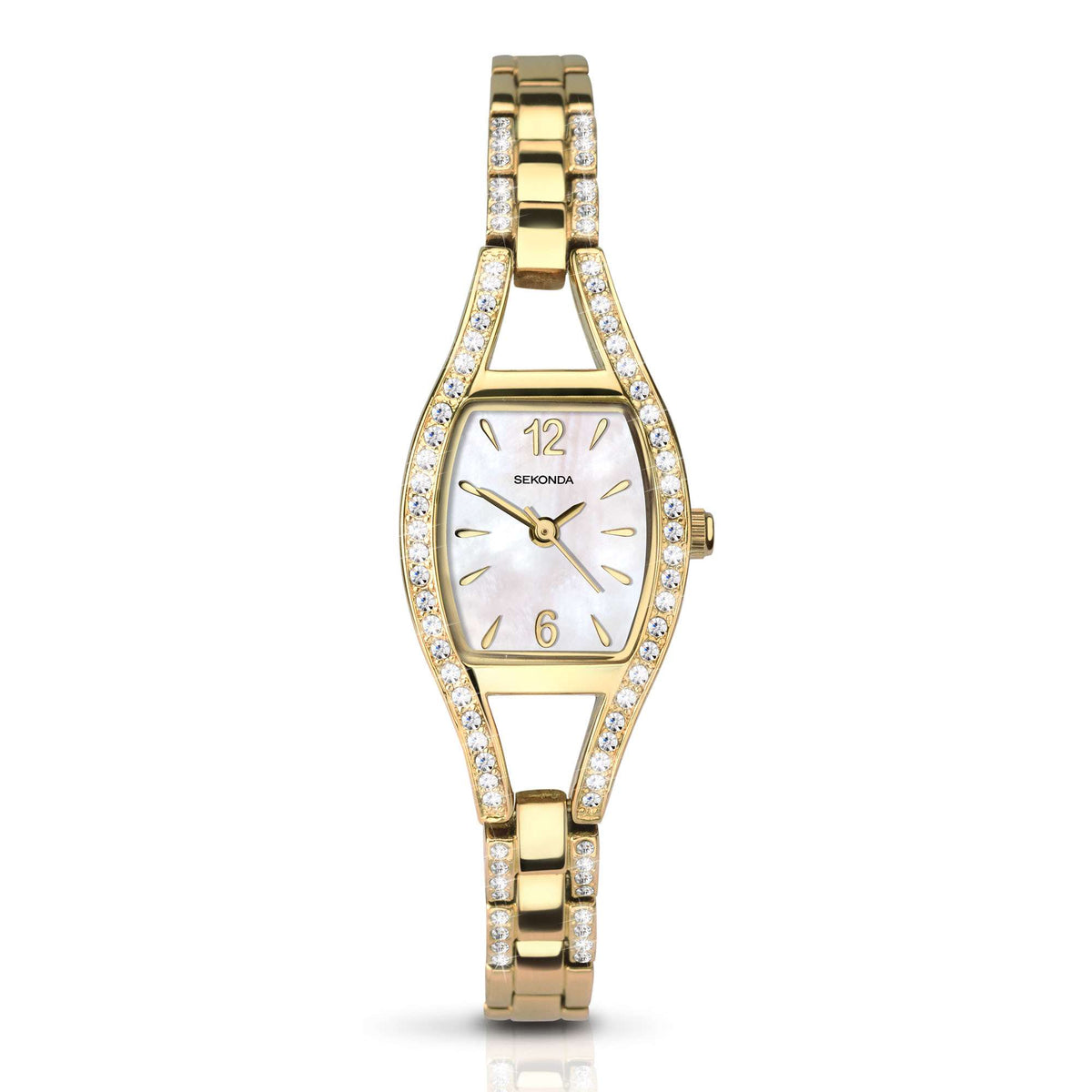 Ladies quartz watch, mother-of-pearl dial, gold-tone bracelet, jeweled bezel