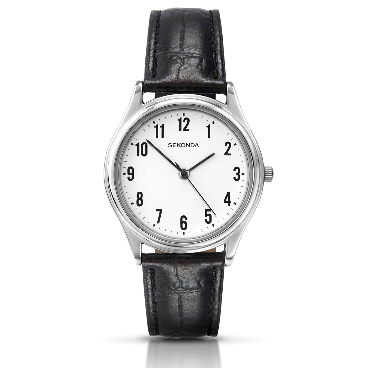 Men’s classic quartz watch with white dial, black leather strap, and silver case