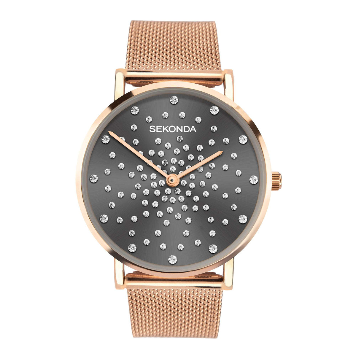 Ladies Sekonda quartz watch with black dial, crystal dot markers, rose gold mesh strap