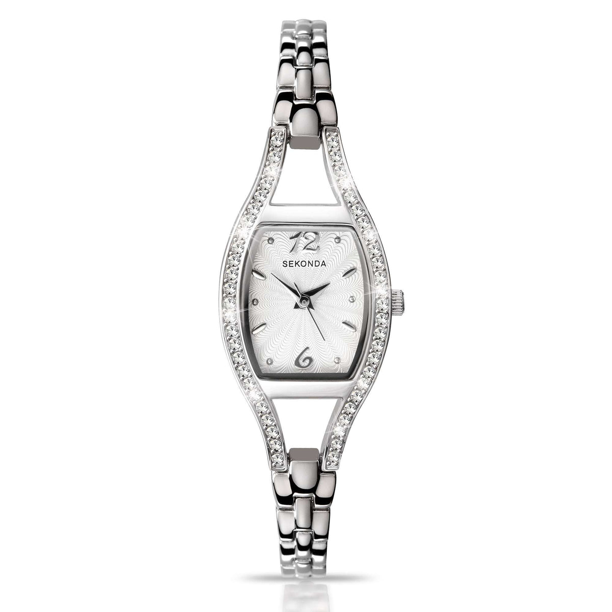 Ladies quartz wristwatch with silver dial and stainless steel bracelet, jeweled bezel