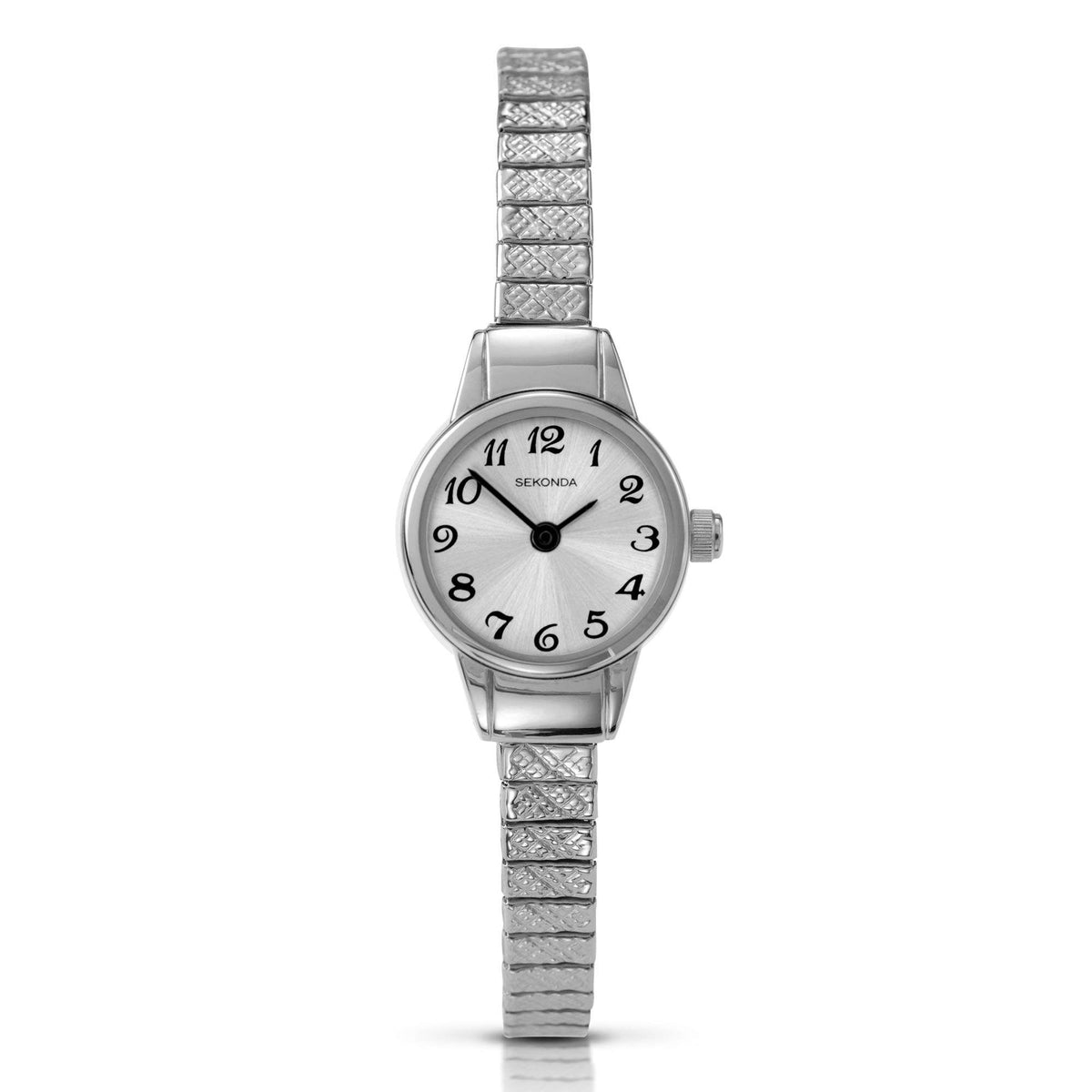 Ladies round quartz watch with silver dial and stainless steel expanding bracelet