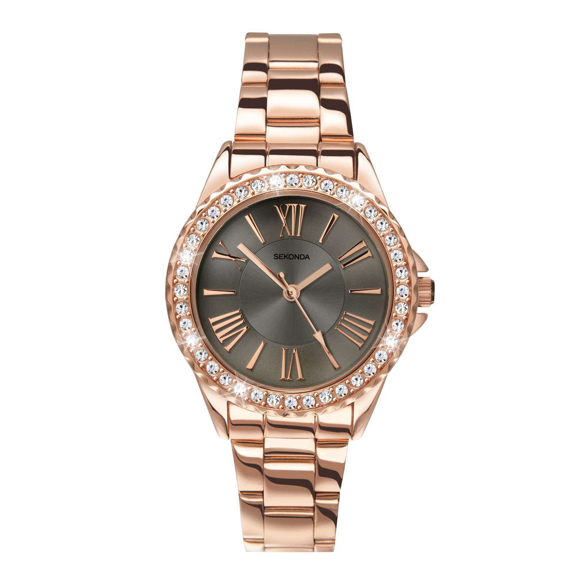 Rose-gold ladies quartz watch with dark dial, Roman numerals, crystal bezel, metal bracelet
