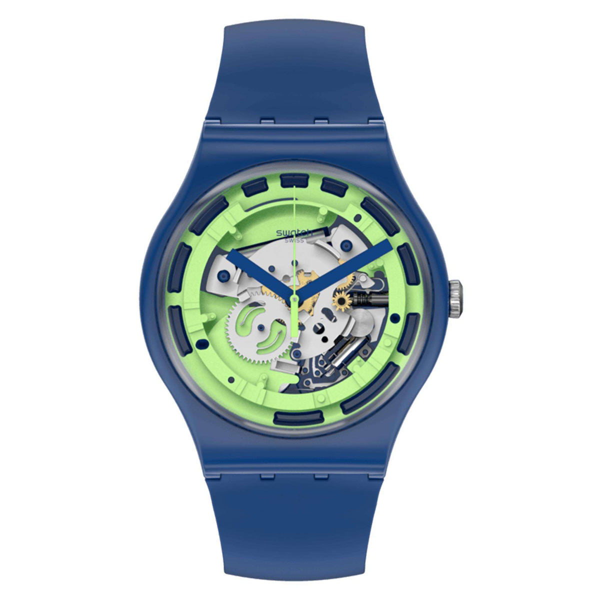 Blue silicone strap watch with green transparent dial and visible quartz movement
