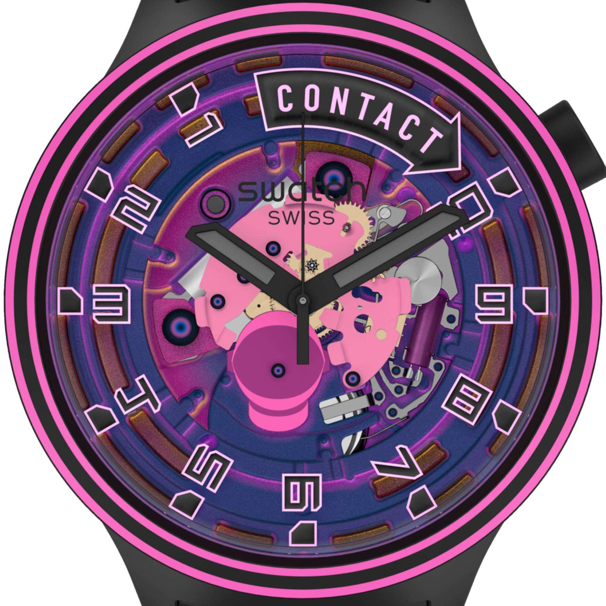 Swatch watch face with blue-purple transparent dial, pink bezel ring, black hands