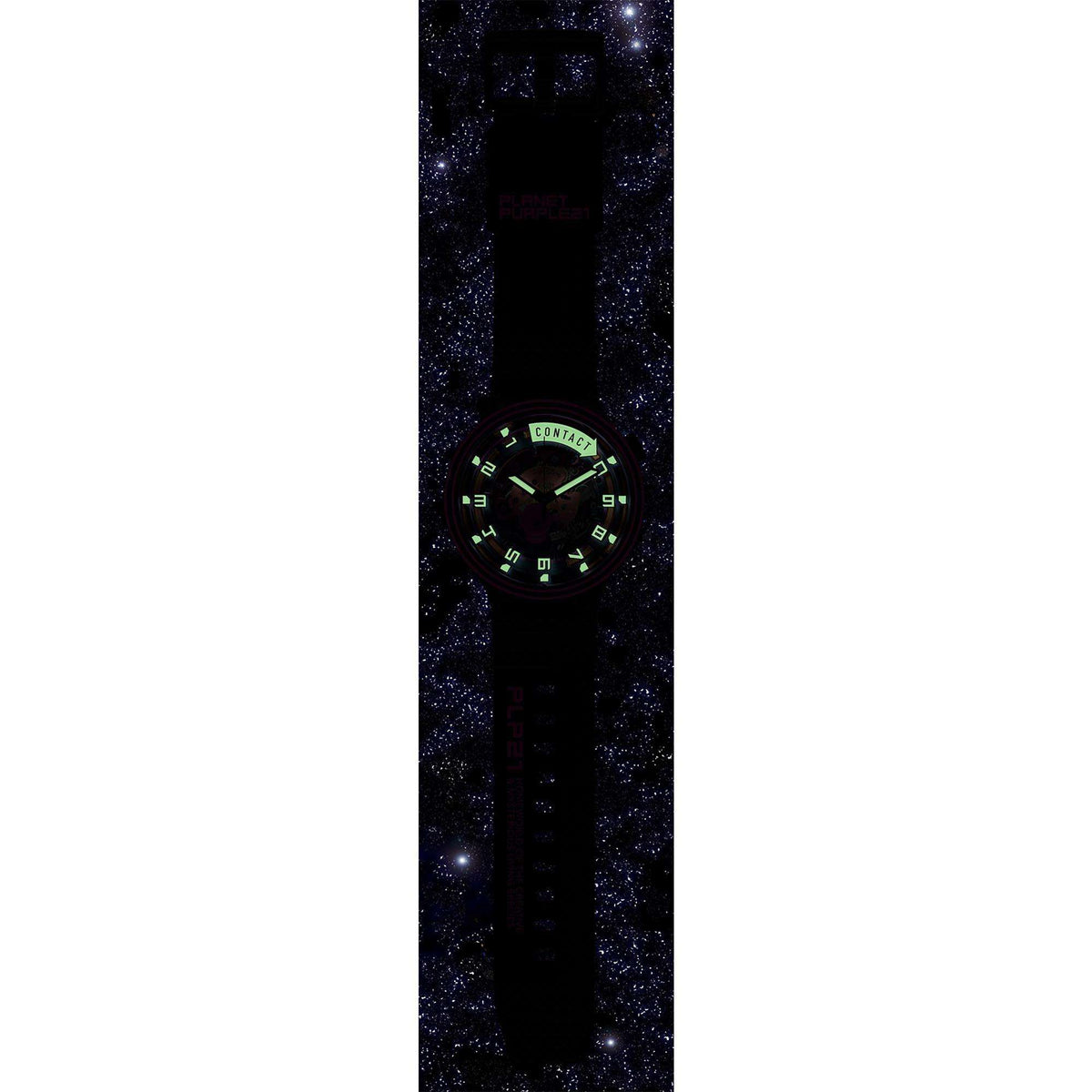 Swatch watch with dark dial, green numerals, and black silicone strap in space-like scene