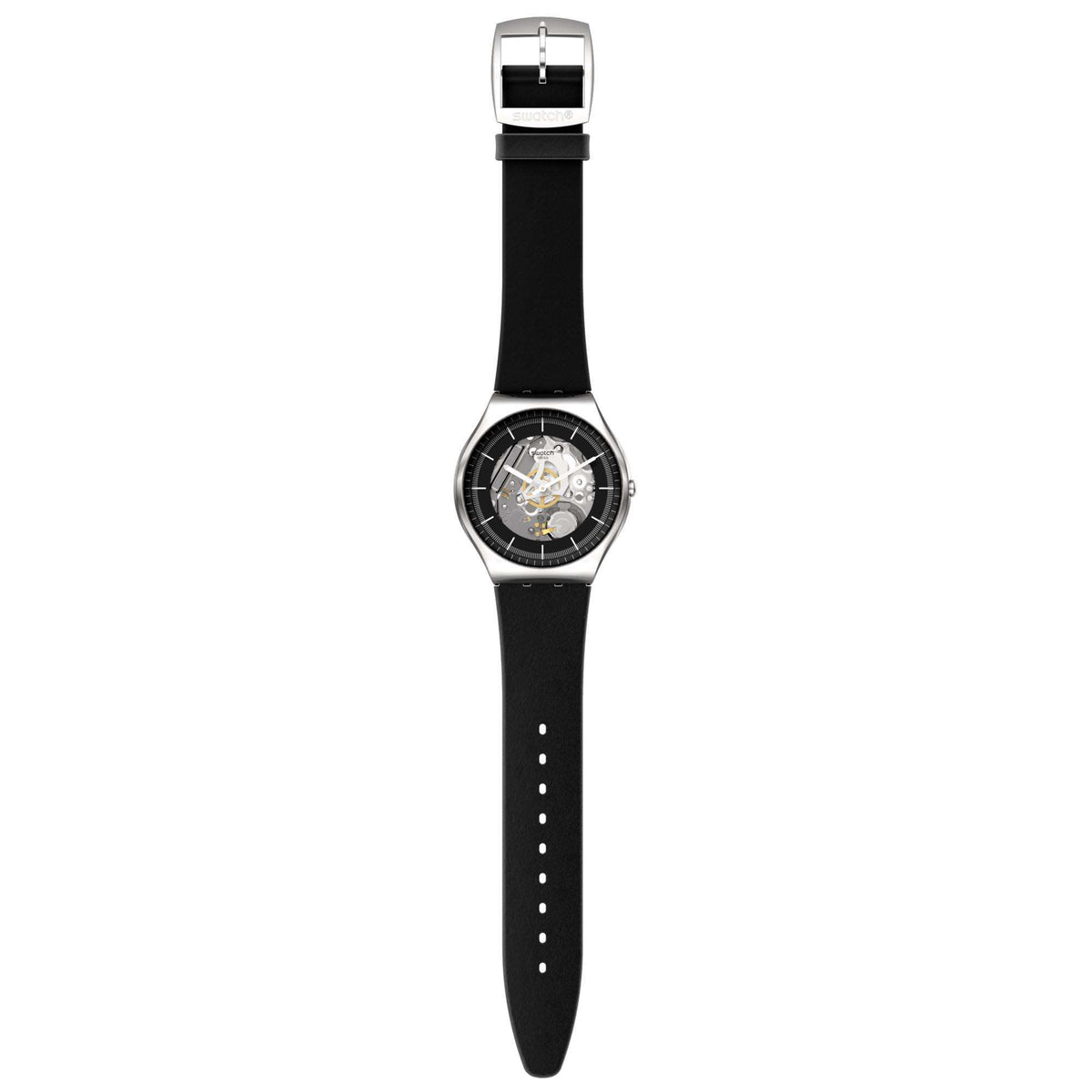Swatch skeleton watch on black leather strap, round stainless case, visible gears